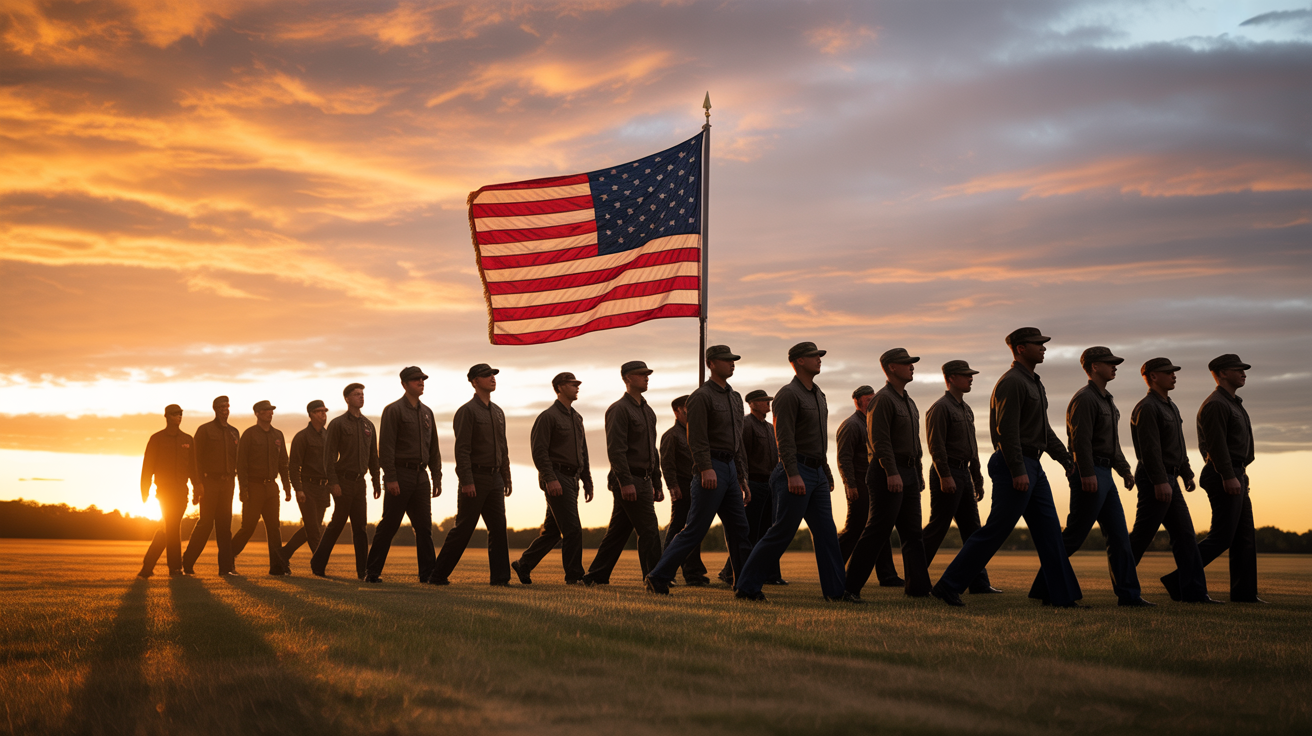 Veterans marching in formation at sunset